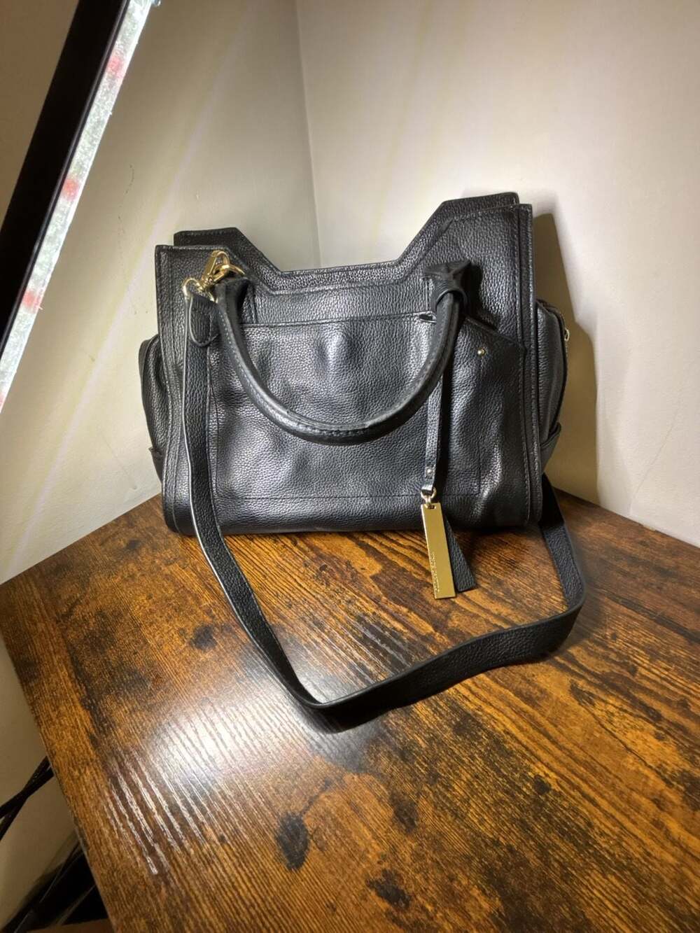 Vince Camuto Black Pebbled Leather Elva Satchel Handbag